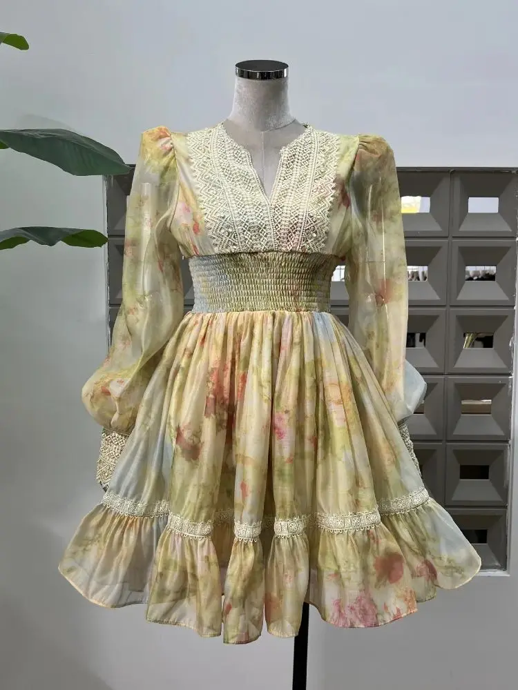 

Summer New Style Floral Print Victorian Puff Sleeve Mini Dresses Belted Tie Evening Party Luxury Elegant Chic Women's Ball Gown