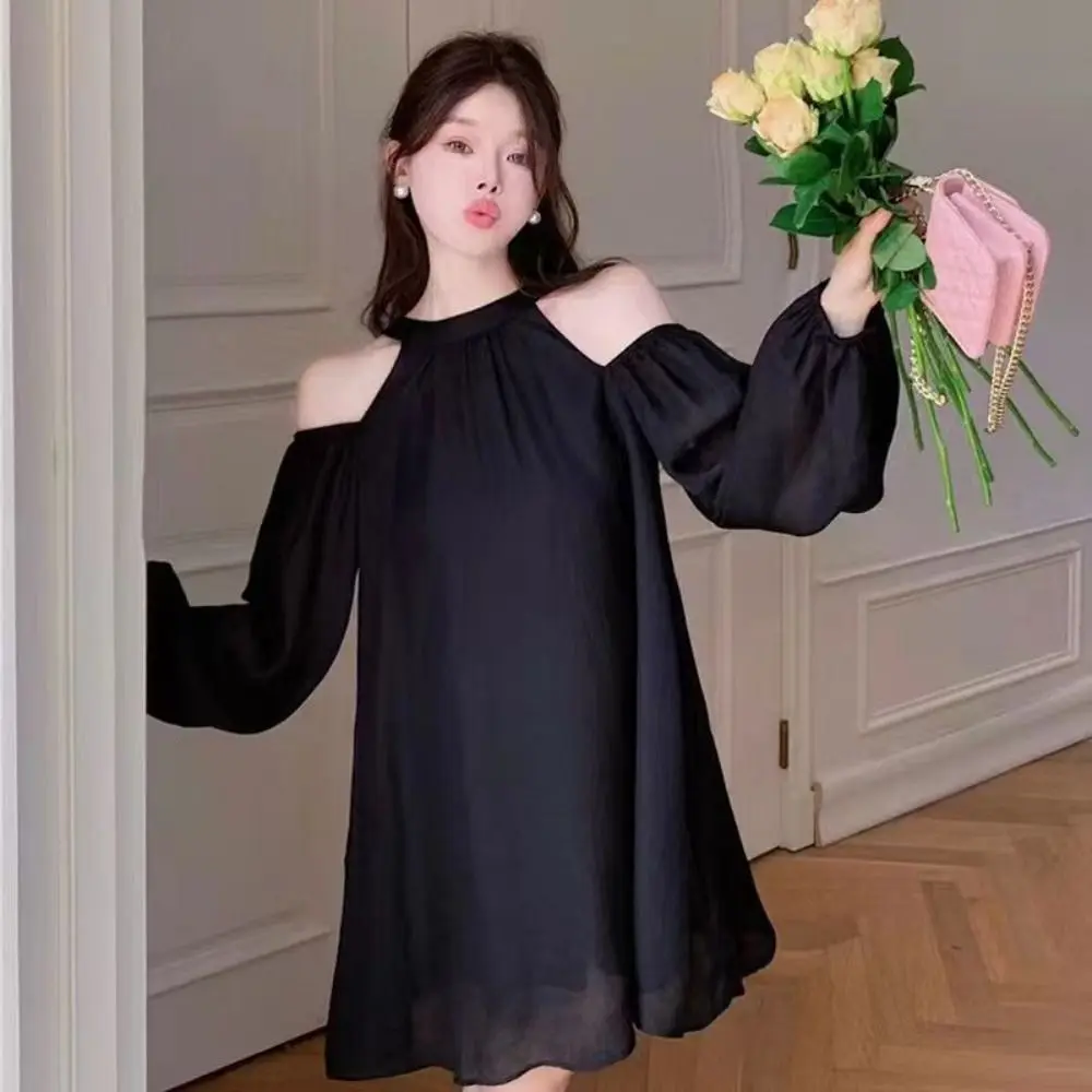 

Fashion Lantern Sleeve Off Shoulder Halter Dress Korean Style Thin Halter Mini Dress Elegant Beachwear A-line Short Skirt Ladies