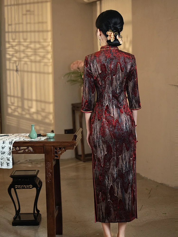 Women Autumn Winter Velvet Cheongsam Chinese Traditional Evening Wedding Banquet Dresses Long Velour Qipao