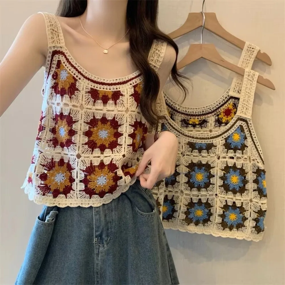 Casual Knitted Hollow Out Vest Strap Colorful Dopamine Crochet Blouse Floral Bohemian Holiday Style Sleeveless Top Women's Top
