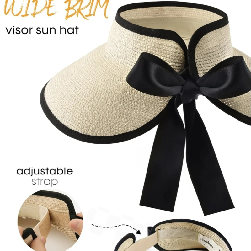 Summer Women Hollow Top Wide Brim Straw Visor Sun Hat With Back Bow Knot, UV Protection Ponytail Hat, Foldable Lightweight Beach