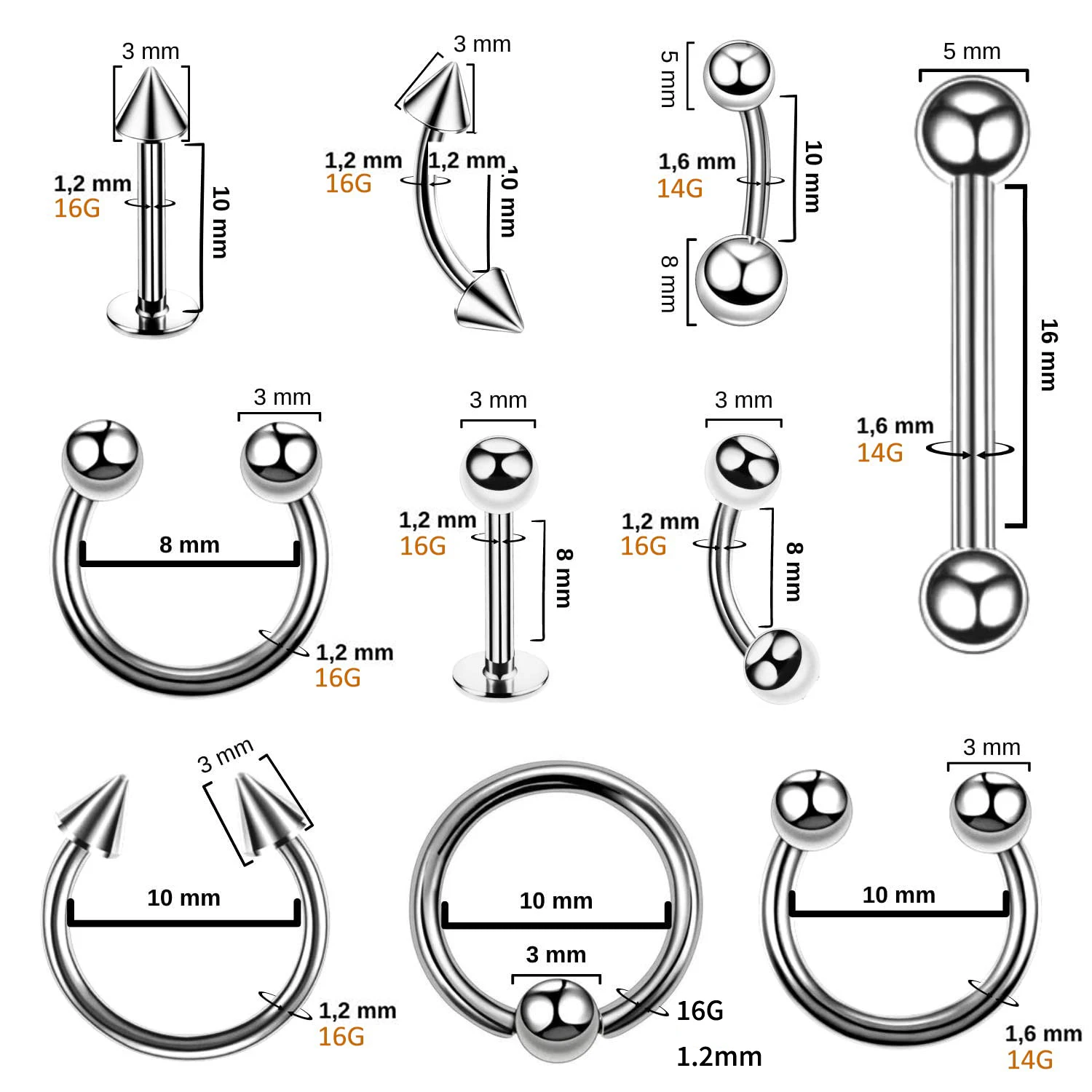 Nose Septum Ear Cartilage Lip Belly Navel Tragus Eyebrow Surgical Steel 14G 16G Barbell Spike Tools Needles Gloves Clamps