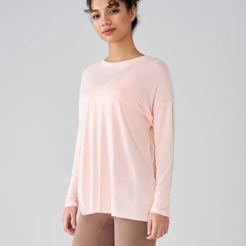 Side Slit Round Neck Loose Yoga Wear Long Sleeve T-shirt Women Gym Fitness Comfortable Quick Dry Skin-friendly Soft Top