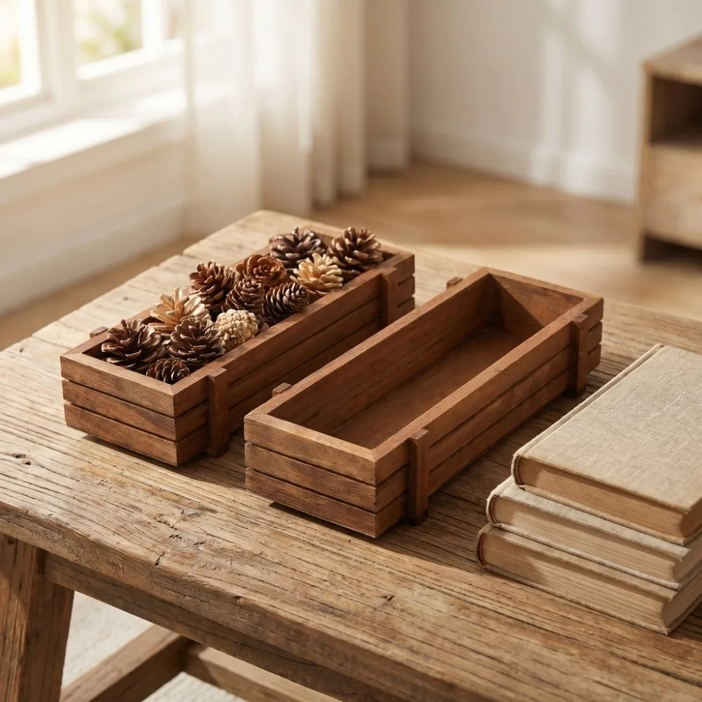 2PCS Wood Wooden Planter Box Easy To Place Antique Color Flower Planter Box Rectangular Compact Succulent Planter