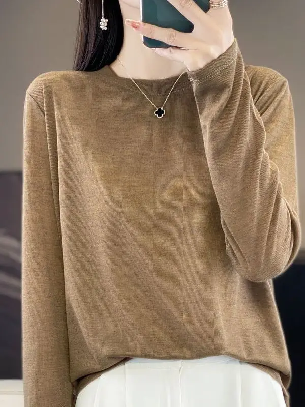 

Осень 2023, женская трикотажная шерстяная длинная футболка Sve round Ne, утягивающий базовый слой, модный универсальный топ для поездок на работу, кор...