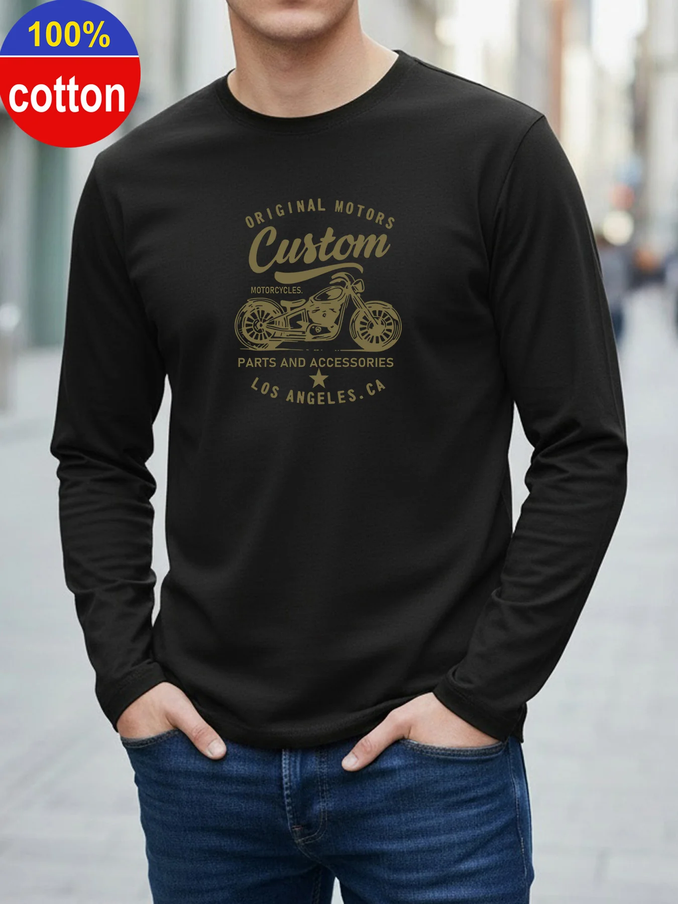 

Мужская футболка из 100% чистого хлопка с длинными рукавами и круглым вырезом, свободного кроя, с принтом в мотоциклетном стиле, универсальная повседневная футболка для весны и осени.