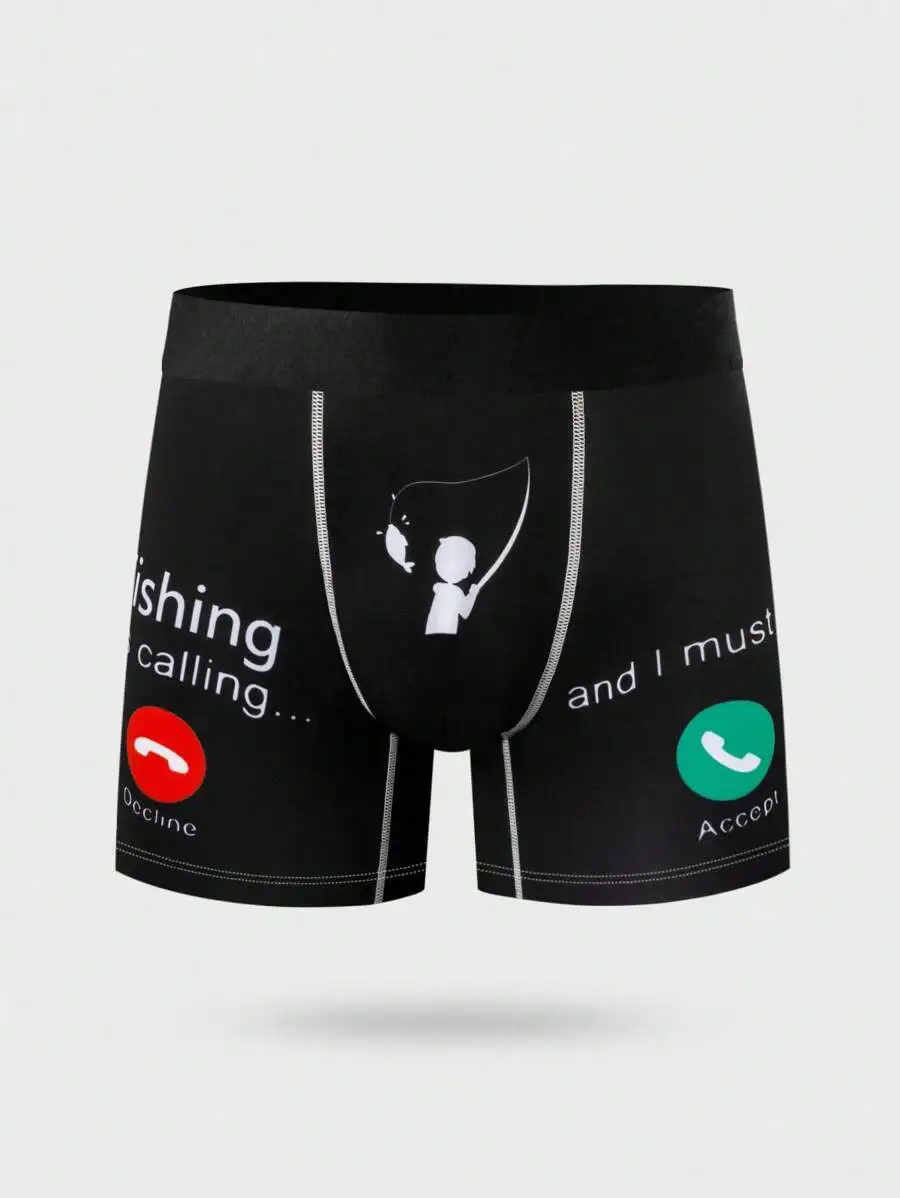 Mens Digital Letter Print Casual Boxer Briefs With Fishing Call Design