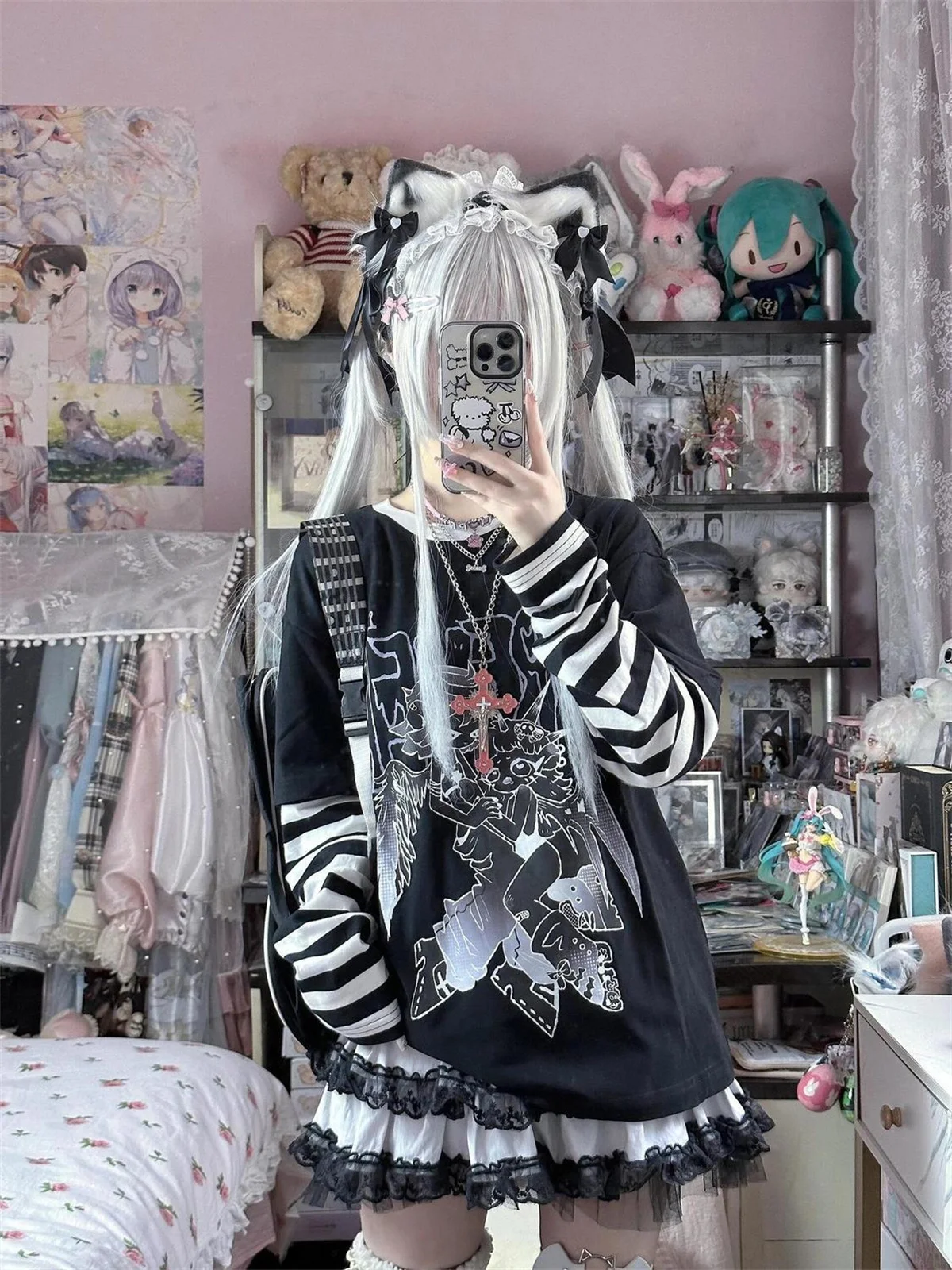Image of Schwarze Punk-Streifen-T-Shirts, Basic-T-Shirt, Lässige Oversize-Patchwork-Tops, Langarm-Fake-Two-Piece-Streifen-T-Shirt, Kleidung
