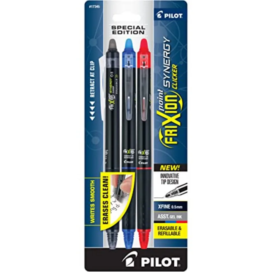 

FriXion Synergy Clicker Erasable, Refillable, Retractable Gel Ink Pens, Extra Fine Point 0.5 mm, Pack of 3, Assorted Colors, Fr