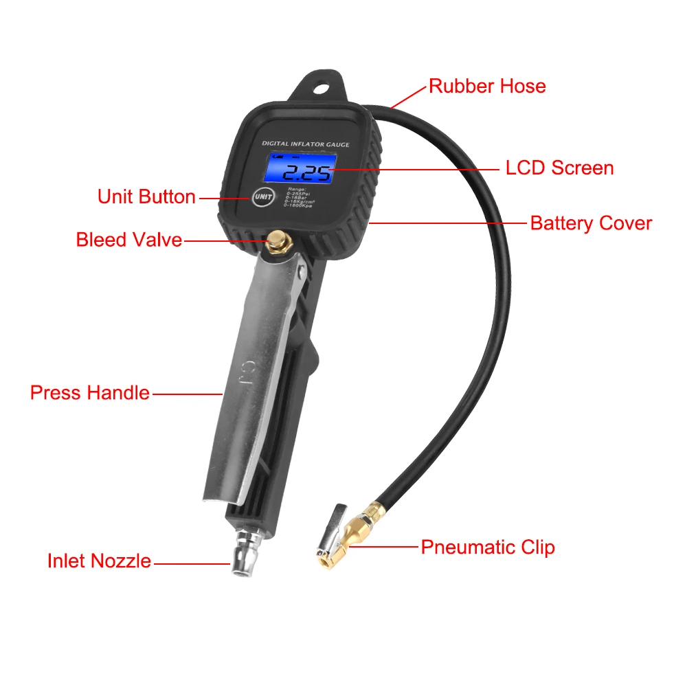 0-255Psi/18Bar Tester Car Inflator Tire Pressure Gauge Tyre Manometro Digital High-precision Motorcycle Inflation Gun With Hose