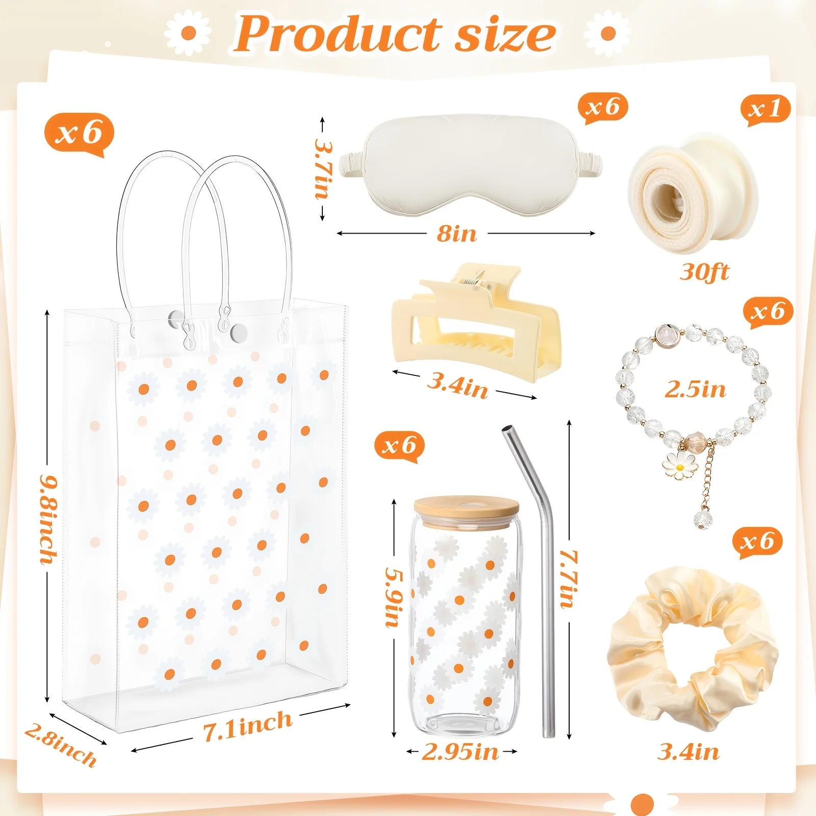 42pcs Spa Sleepover Party Supplies Bulk | 6 Sets Birthday Gifts for Women Christmas Party Supplies - Glass Cup, Eye Mask, Hair Ties, Hair Clips, Bracelet, Tote Bag, Ribbon in White with Daisies Design | Brand: TAOBARY