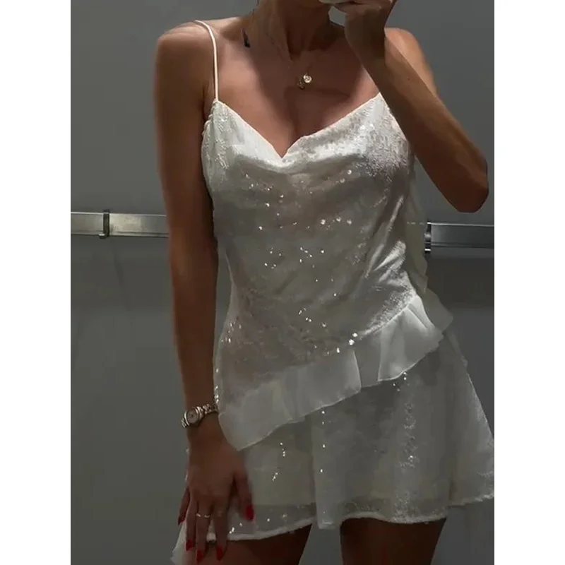 Y2K Abito da festa con paillettes Donna Bonny Backless Senza maniche Abito corto Ruffles Clubwear Nightclub Outfit 2025 Moda estiva