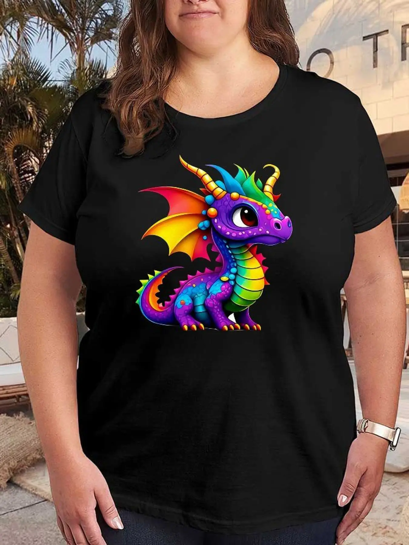 Colorful Baby Dragon Graphic T Shirt Women Fashion Short Sleeve Stretchy Tee Plus Size Casual Summer Tops Comfortable Breathable Clothes
