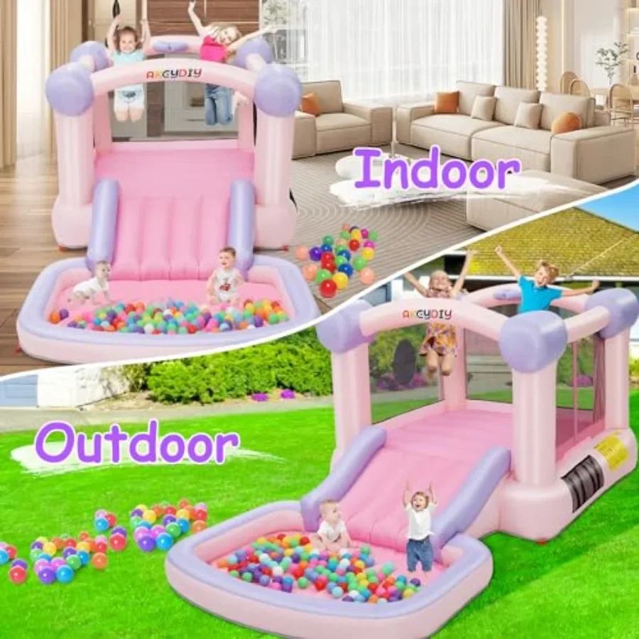 Dmuchany domek do skakania dla dzieci z dmuchawą w zestawie, różowy domek do zabawy wewnątrz/na zewnątrz, domek do skakania dla dzieci w stylu makaroników.