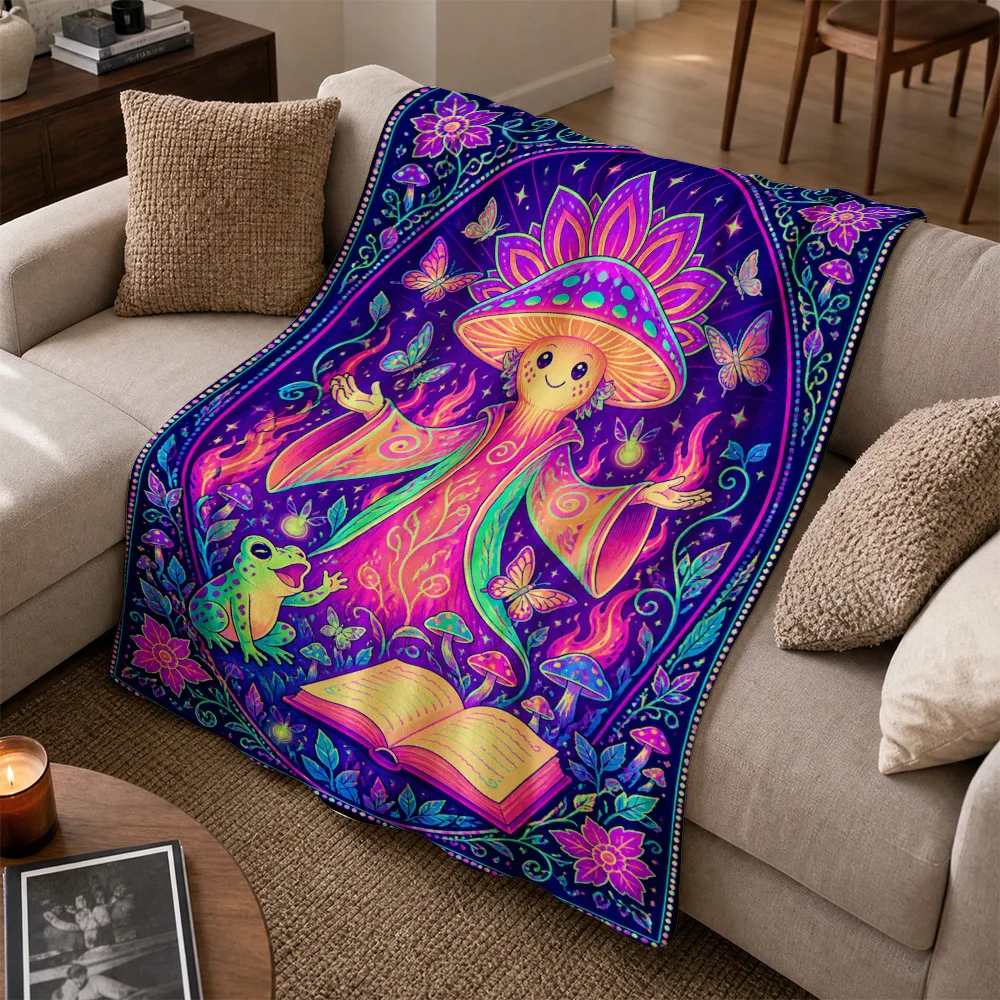 Vivid Psychedelic Mushroom Frog Art Throw Blanket Sofa Decor Bohemian Tapestry Cozy Cottagecore Nursery Gifts