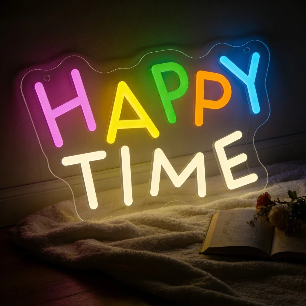 

Светодиодная неоновая вывеска Happy Time для декора стен в гостиной, спальне, дома, для вечеринок, баров, кафе, романтическое теплое освещение, атмосферный подарок