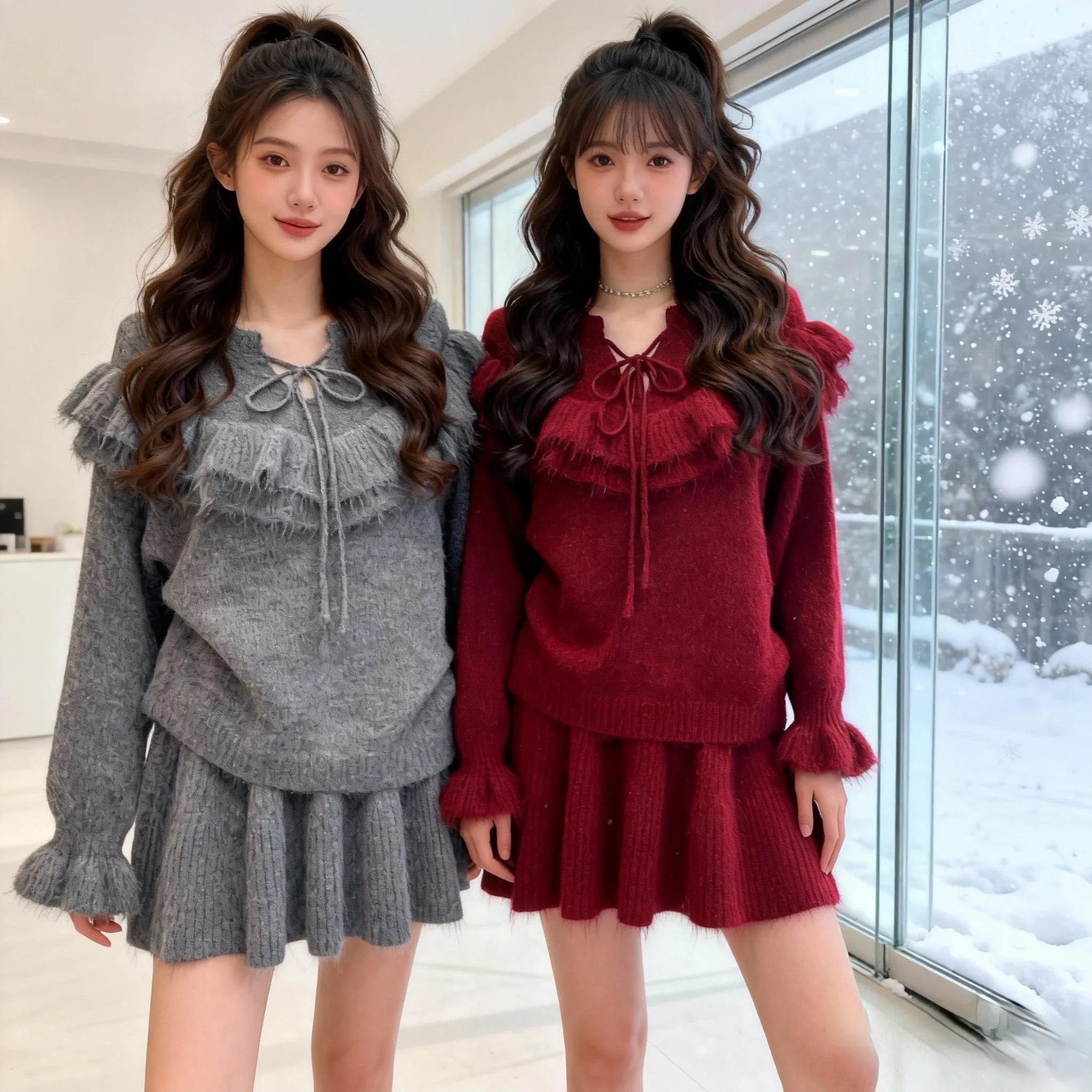 

Spring Knitted Sweater And Short Skirt Set Women's Fashion Korean Style with Bow Tie Neck Design Warm Long Sleeve Casual Outfit