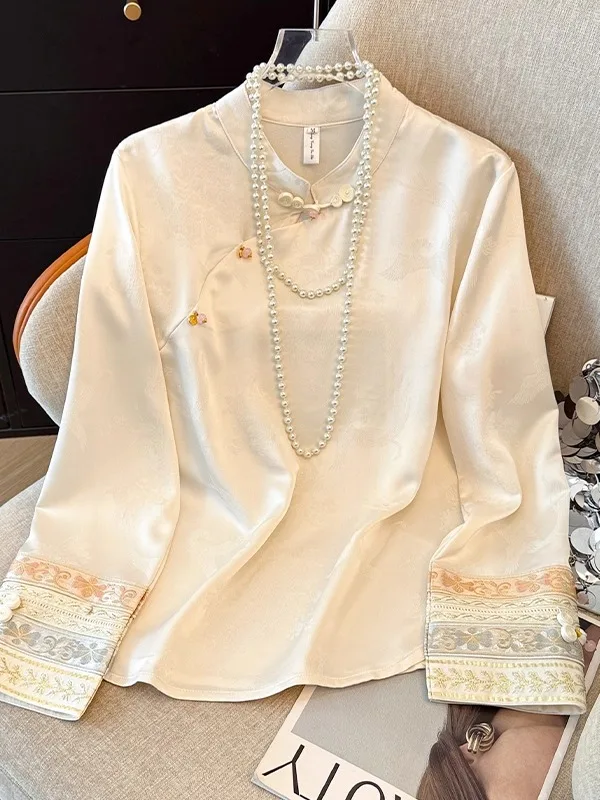 

New Chinese Style Heavy Embroidery Button Tang Suit Shirt Women Spring Autumn Long Sleeve Satin Surface Top