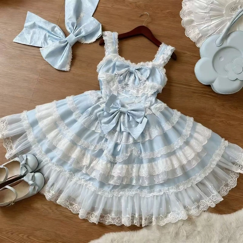 Lolita Kawaii Y2k Jurk met lange mouwen en bandjes Japanse knielange dames elegante kanten strik patchwork baljurk zoet het hele seizoen