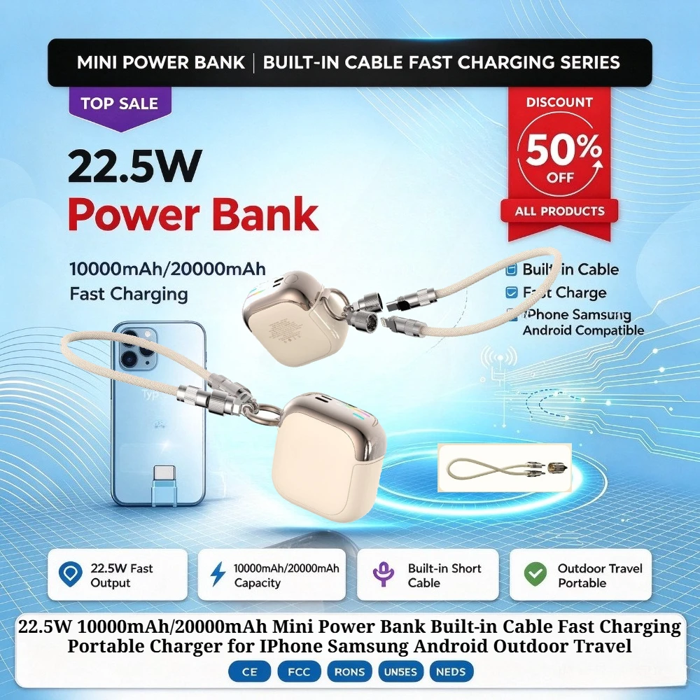 22.5W 10000mAh/20000mAh Mini Power Bank Built-in Cable Fast Charging Portable Charger for IPhone Samsung Android Outdoor Travel