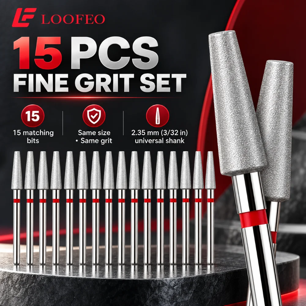 15Pcs Trapezoid Diamond Nail Drill Bits 2.35mm Universal Shank Fine Grit Nail Burr Set For Surface Refining Manicure Prep 