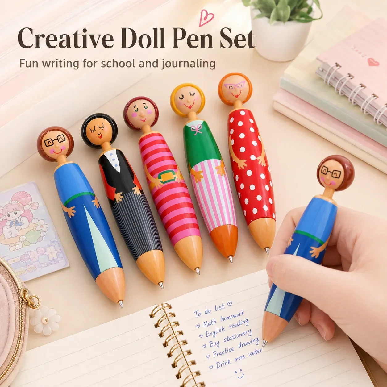 Cartoon Plush Doll Ballpoint Pen, Creative Student Stationery, Blue Ink Click Pen with Cute Toy Figure