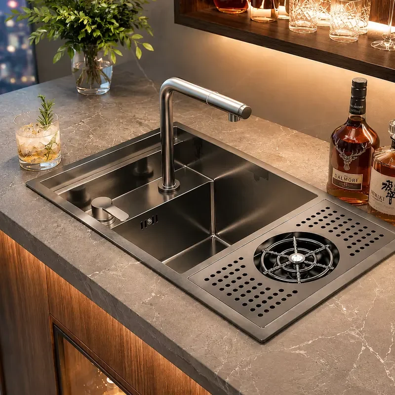 Hidden Bar Counter 4 Hole Single Sink Kitchen Set with Faucet Cup Washer 304 Stainless Steel PVD Black Undermount