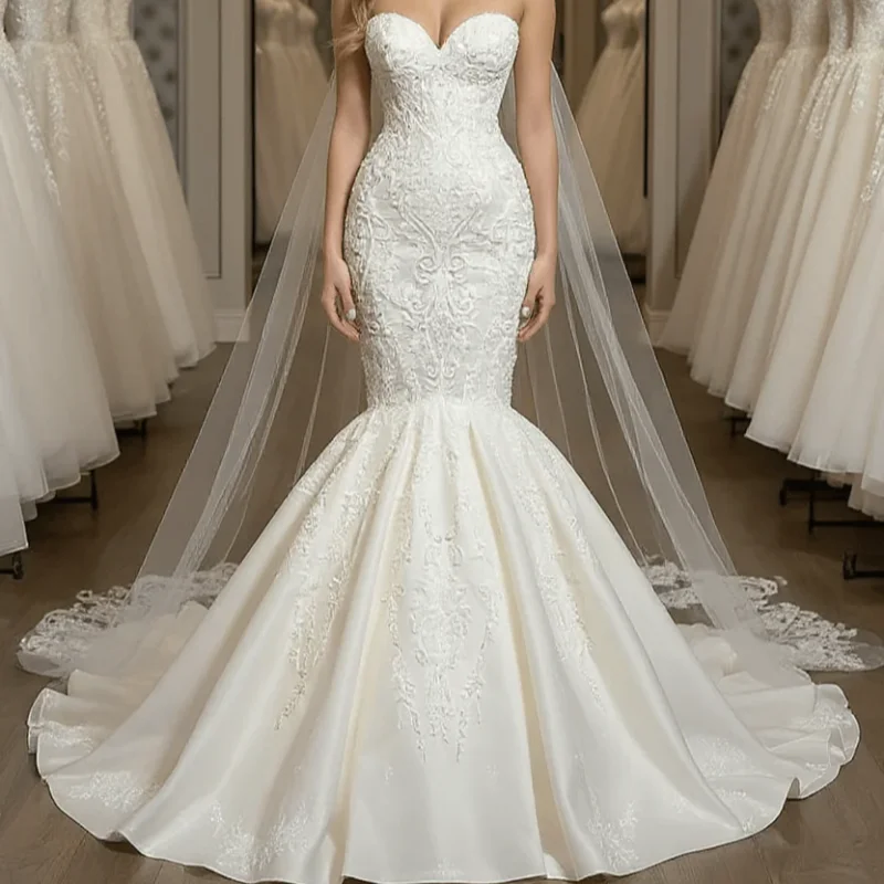 

Custom 2025 Elegant Sweetheart Tailored Gown with Pleated Design Backless Lace Embellished Princess Style Wedding Dress