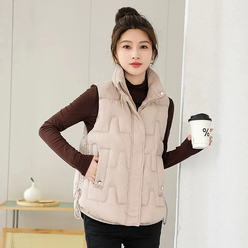 Women Autumn Winter Stand Collar Puffer Vest Loose Warm Thickened Gilet Zipper Solid Windproof Pockets Jackets Female Outerwear