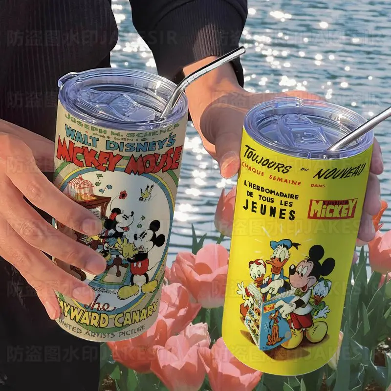 Disney Mickey cartoon thermos cup with straw coffee cup ins high-looking portable stainless steel water cup for boys and girls