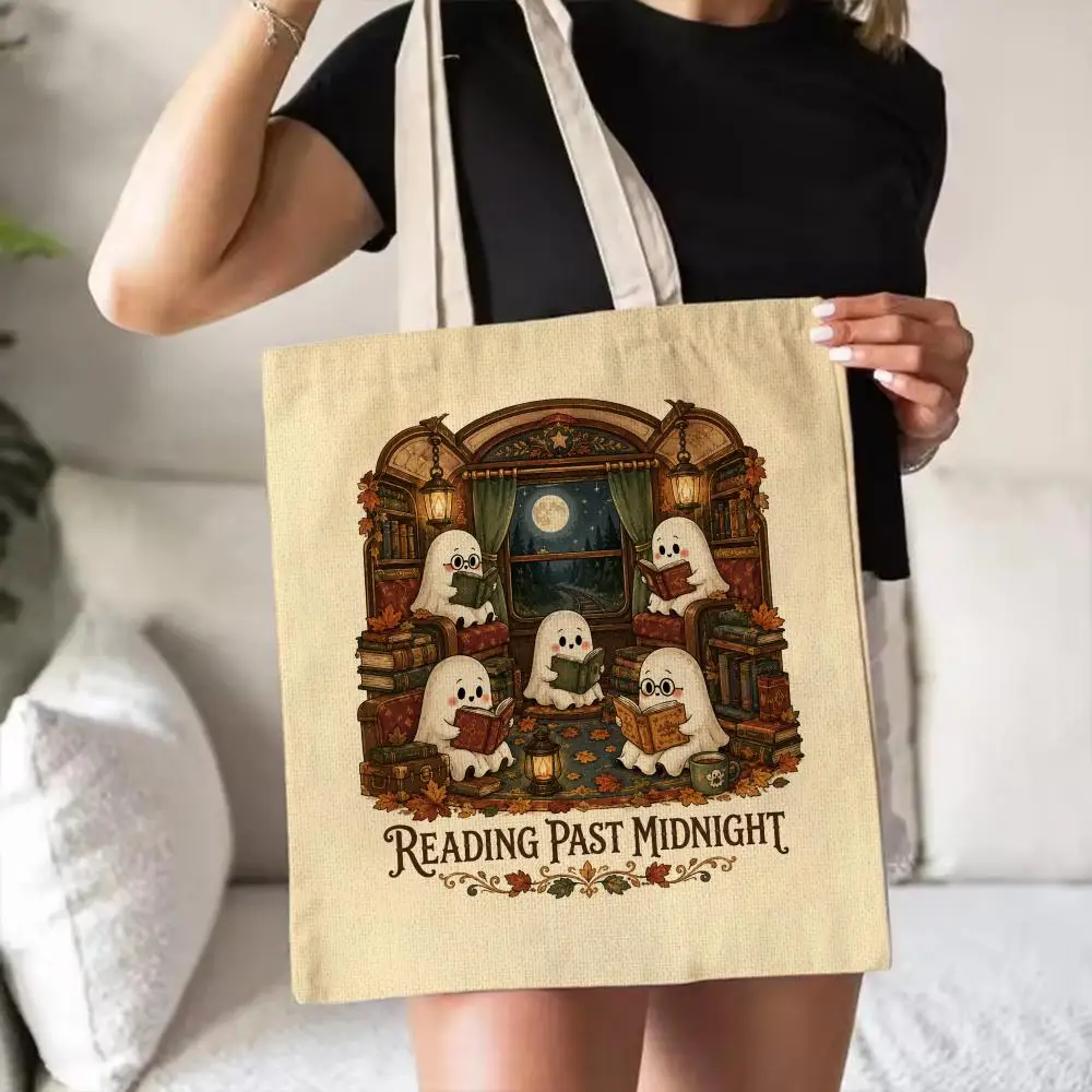 Cozy Ghost Readers Storage Bags Double-Sided Printed Canvas Tote Bag Eco-Friendly Reusable Large Capacity Handbag