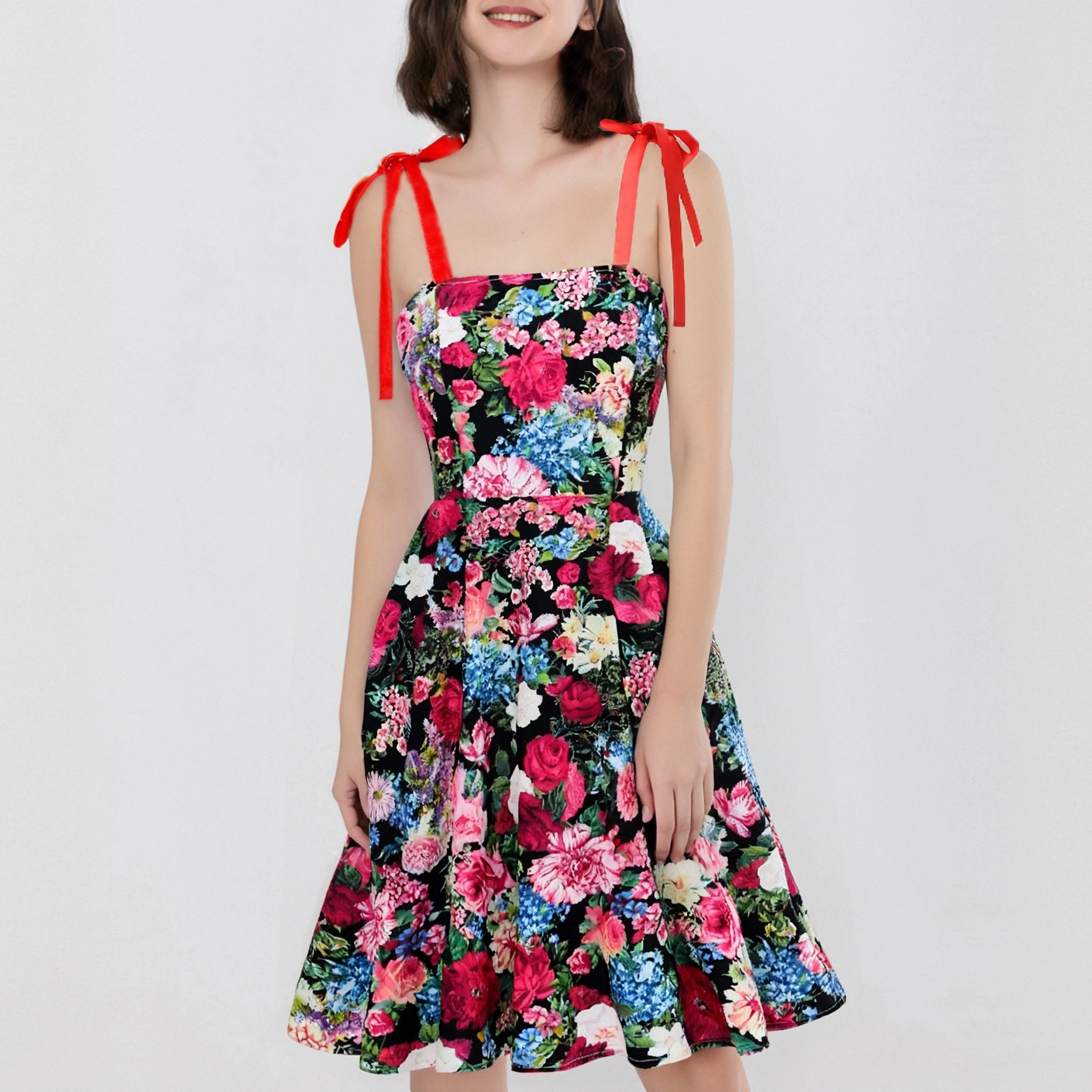 

2025 60s Women's Multicolor Floral Fit and Flare Vintage Dresses Bow Tie Straps Shirred Back Birthday Prom Evening Party Dress