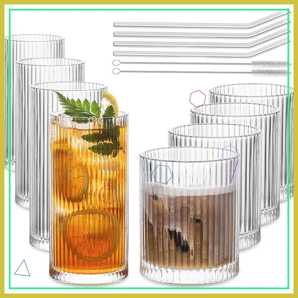 

Vintage Ribbed Glassware Set: 8 Cocktail Glasses for Wine, Juice, Whiskey & More - 4 Highball & 4 Rocks Cups