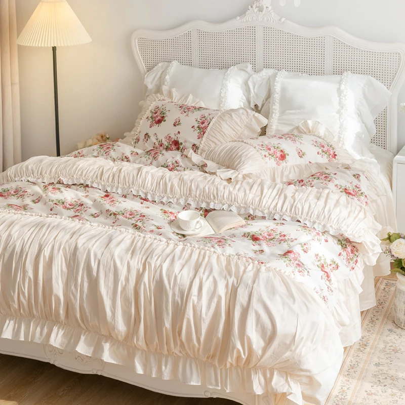 Rose Printing Princess Bedding Sets, Luxury Pleated Ruffle Lace Duvet Cover, 100% Cotton, Bed Skirt, Bedspread, Pillowcases