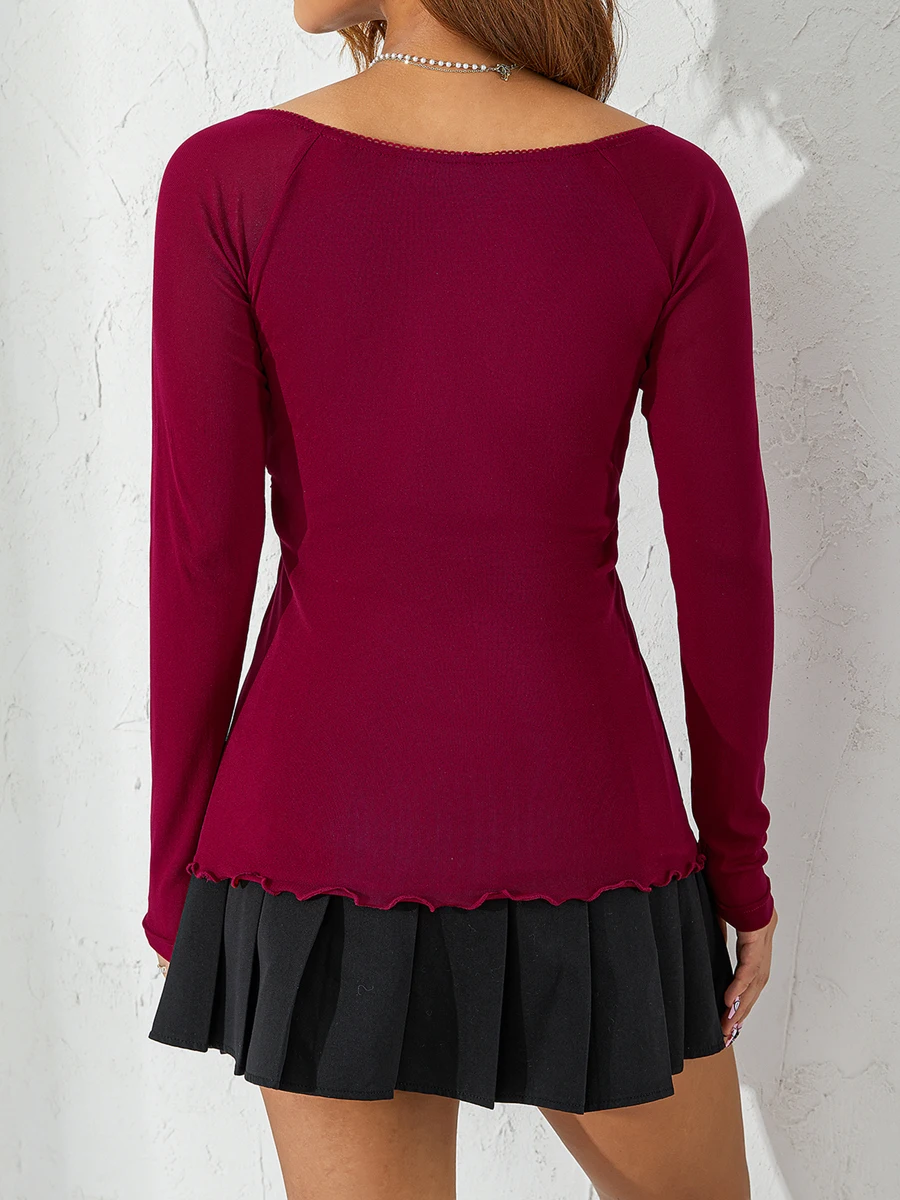 T-shirts Vintage en dentelle à volants pour femmes, automne Fairycore Grunge Kawaii, pulls à manches longues, T-shirts à nouer, vêtements esthétiques rétro y2k