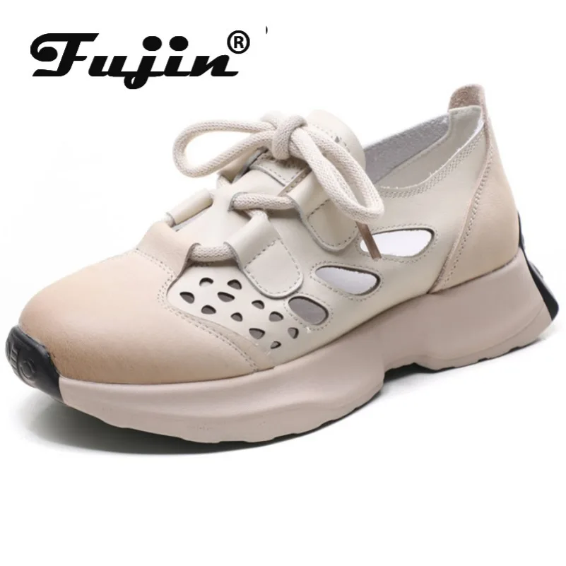 

Fujin 3cm Cow Genuine Leather Loafer Platform Flats Comfy Chunky Sneaker Summer Hollow Women Sandals Vulcanize Breathable Shoes