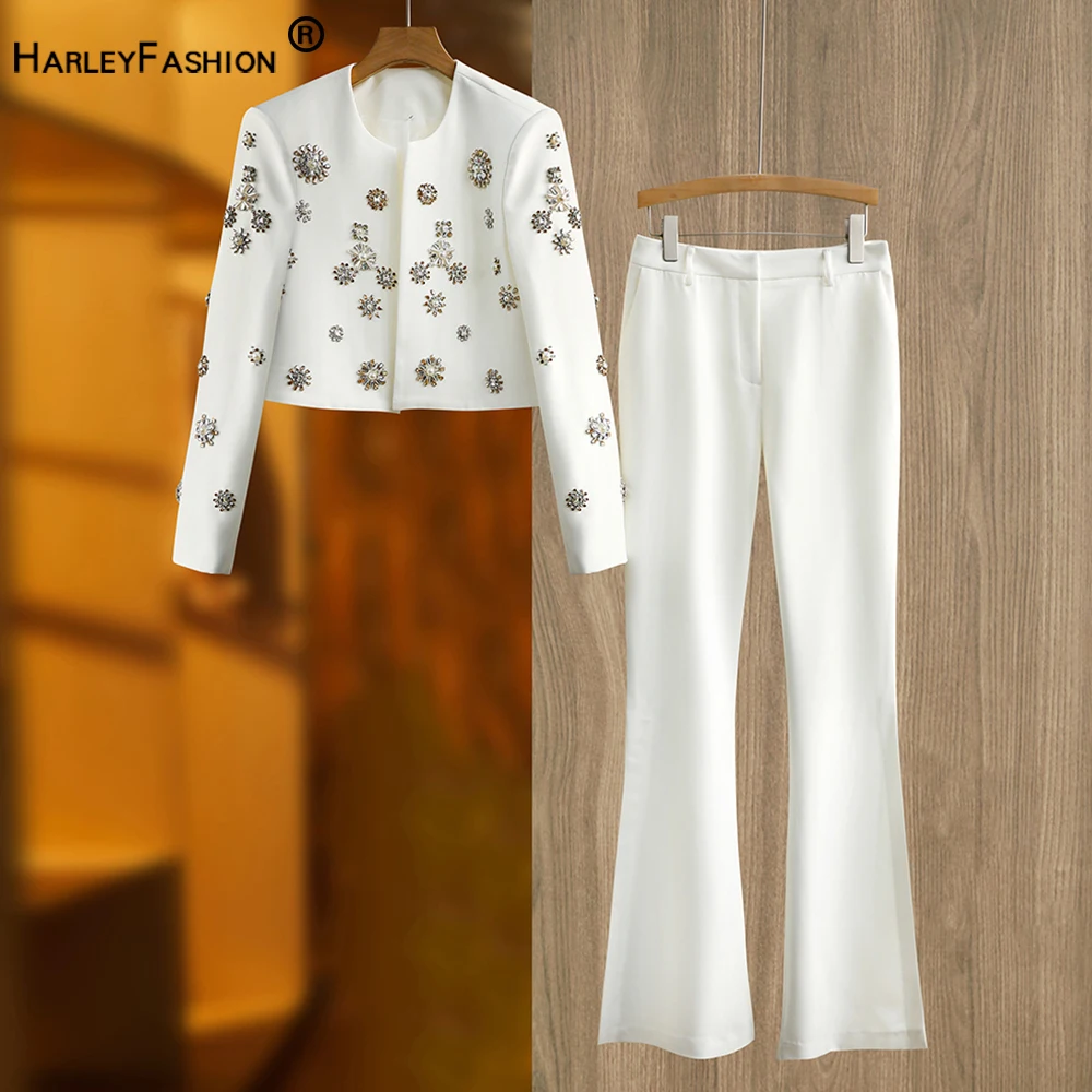 Luxury Design Handmade Spark Rhinestone Women 2PCS Pants Suits Short Jacket Wide-leg Trousers High Street White Twin Sets