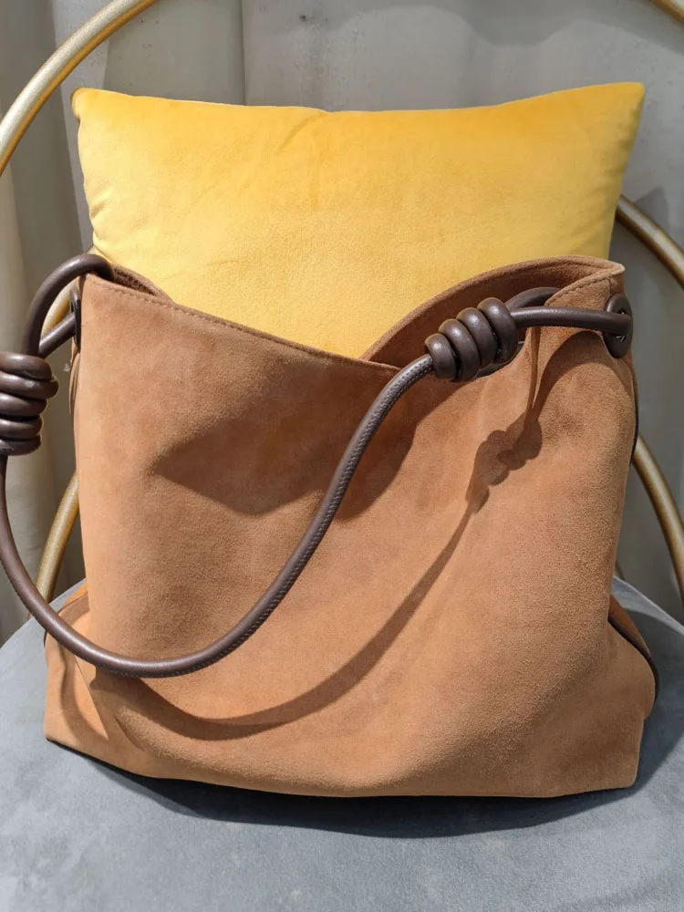 Autumn Women Real Suede Leather Bucket Bag Large Capacity Casual Totes Handbag Vintage Cow Leather Knot Underarm Shoulder Bags