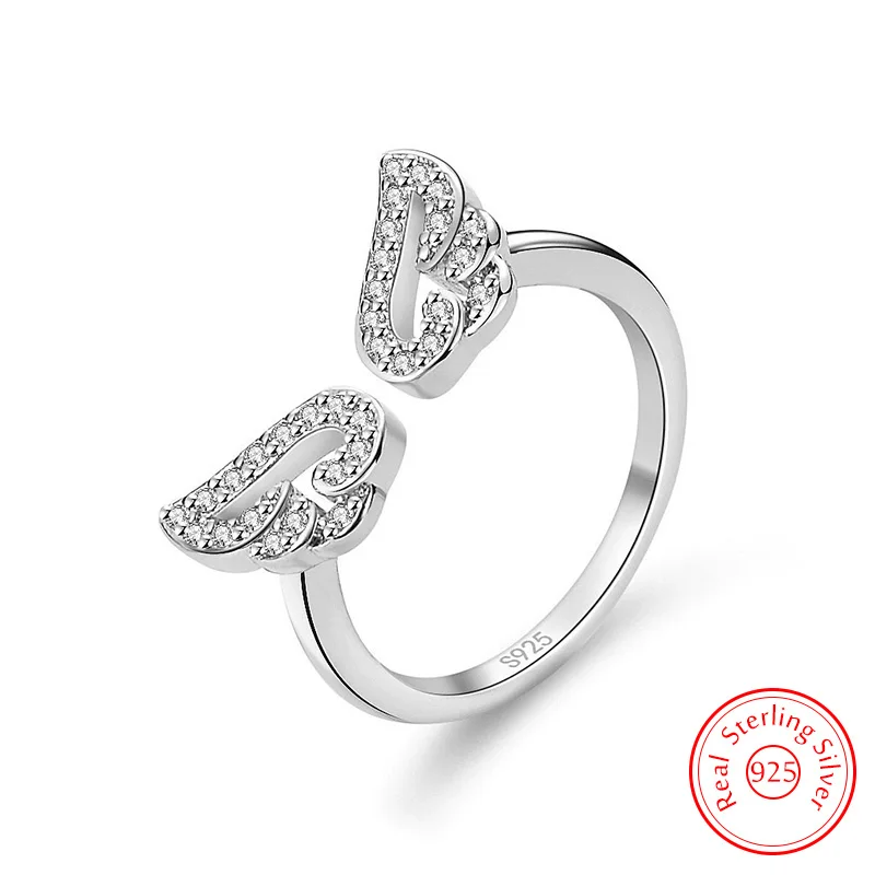 

New Lady's 925 Sterling Silver Crystal Zircon Angel Wings Ring Jewelry Fashion FQL25134