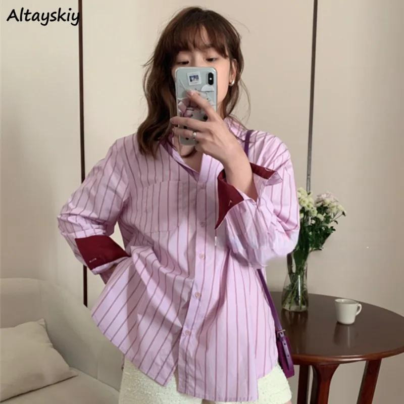 Striped Shirts Women Fashion Casual Autumn Tops Lazy Baggy Camisas De Mujer  All-match Temper Classic Ulzzang Long Sleeve