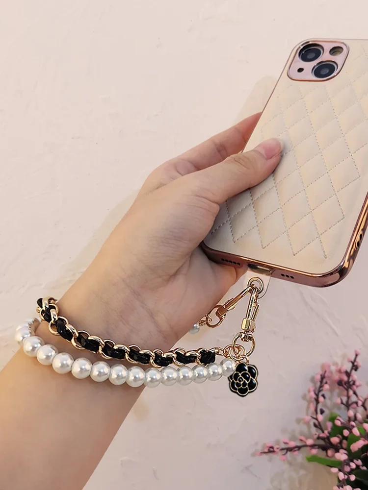 Camellia Pearl Mobile Phone Charm keychain Chain Girl Woman Cell Phone Case Fashion Pendant Key Strap Rope With Universal Clip