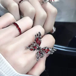 Personality Red Enamel Butterfly Opening Rings for Women Punk Style Charm Stainless Steel Finger Ring Hip Hop Jewelry Y2K Gift