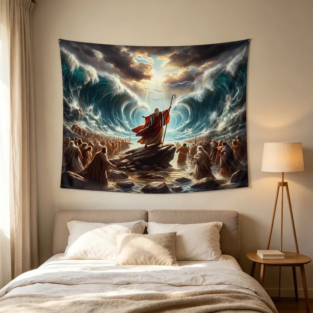 1PC Moses Parting Red Sea Print Backdrop Banner, Bedroom Photo Background, Polyester Wall Hanging, Home Decor, Wall Art