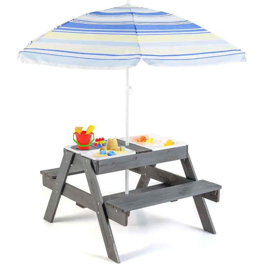 

Kids Picnic Table, 4 in 1 Sand and Water Table w/Detachable Tabletop, 3 Removable Play Boxes, Foldable & Height Adjustable Umbre