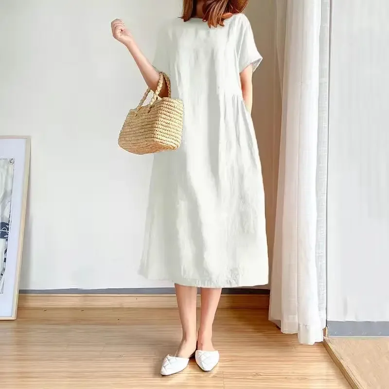 Fashion O-Neck Solid Color Folds Short Sleeve Casual Dresses Women's Clothing 2024 Summer New Oversized Loose Long Dress image 2
