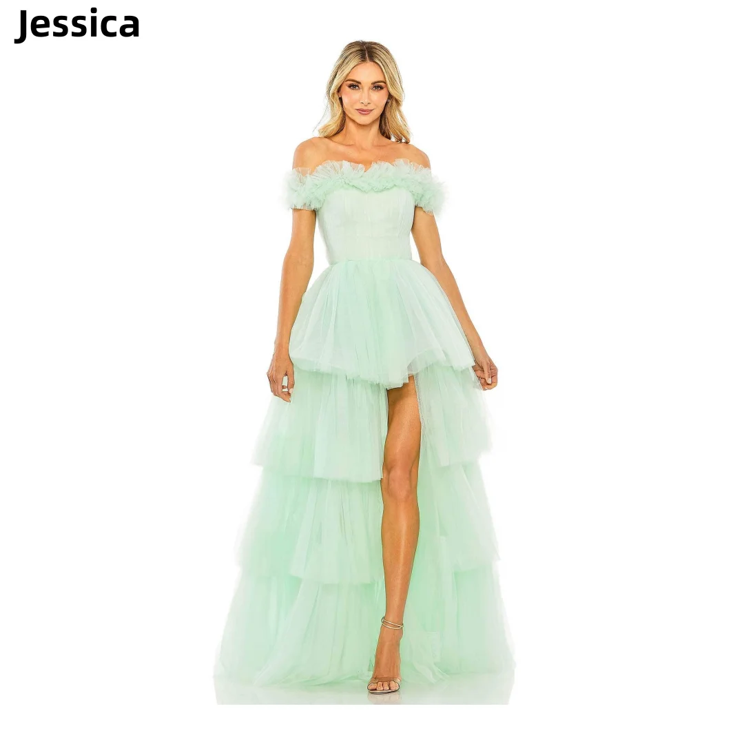 

Jessica Light Green Prom Dresses Off-the-shoulder Handmade Tulle Evening Dresses A-shaped Side Slit Elegant Wedding Party Dress