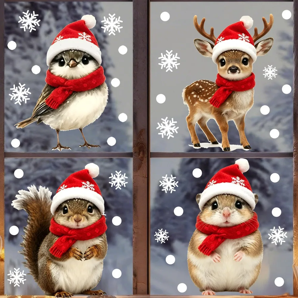Christmas Cute Forest Animal Static Window Cling No‑Glue Reusable Glass Sticker Deer Bird Squirrel Xmas Home Door Window Decor