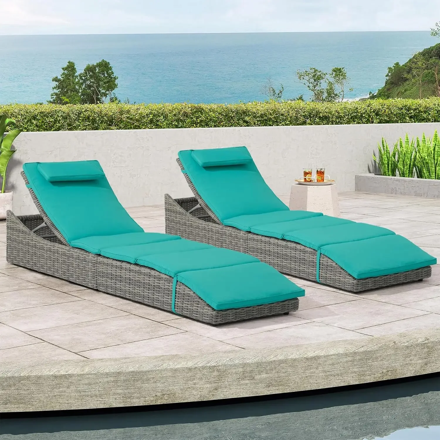 Folding Pool Lounge Chair Set of 2 Outdoor Adjustable Chaise Lounge Chair, Fully Assembled