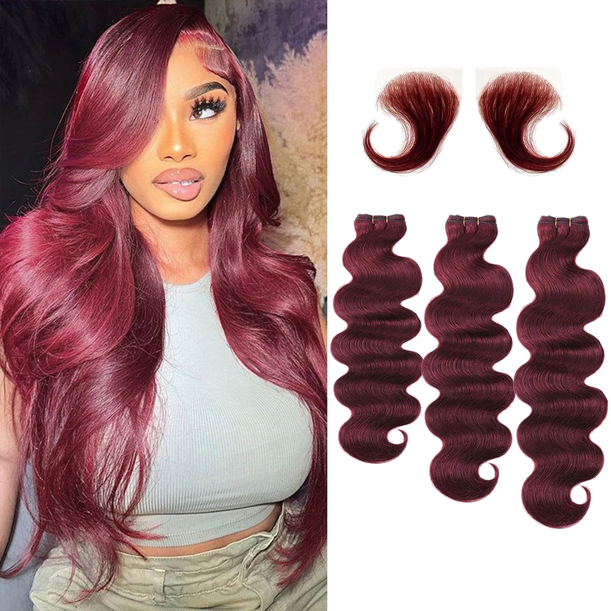 Curly Human Hair Weave Bundles With Closure 99j Red Hair Extensions For Women Girls Brazilian Burgundy 3/4 Bundles With Closure