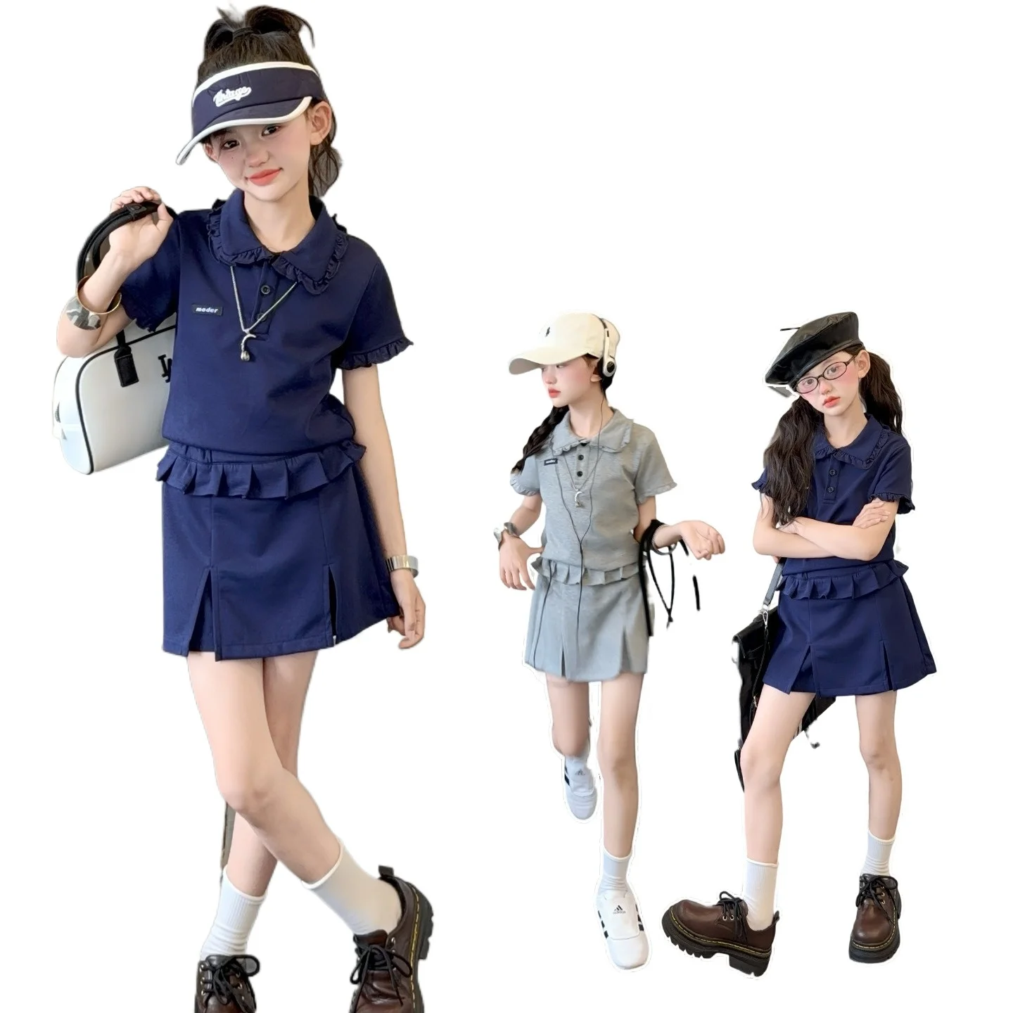 summer junior college style t-shirt short skirt suit teen girl clothes set Lace polo shirt pleated skirt 2pcs child outfits 4-14